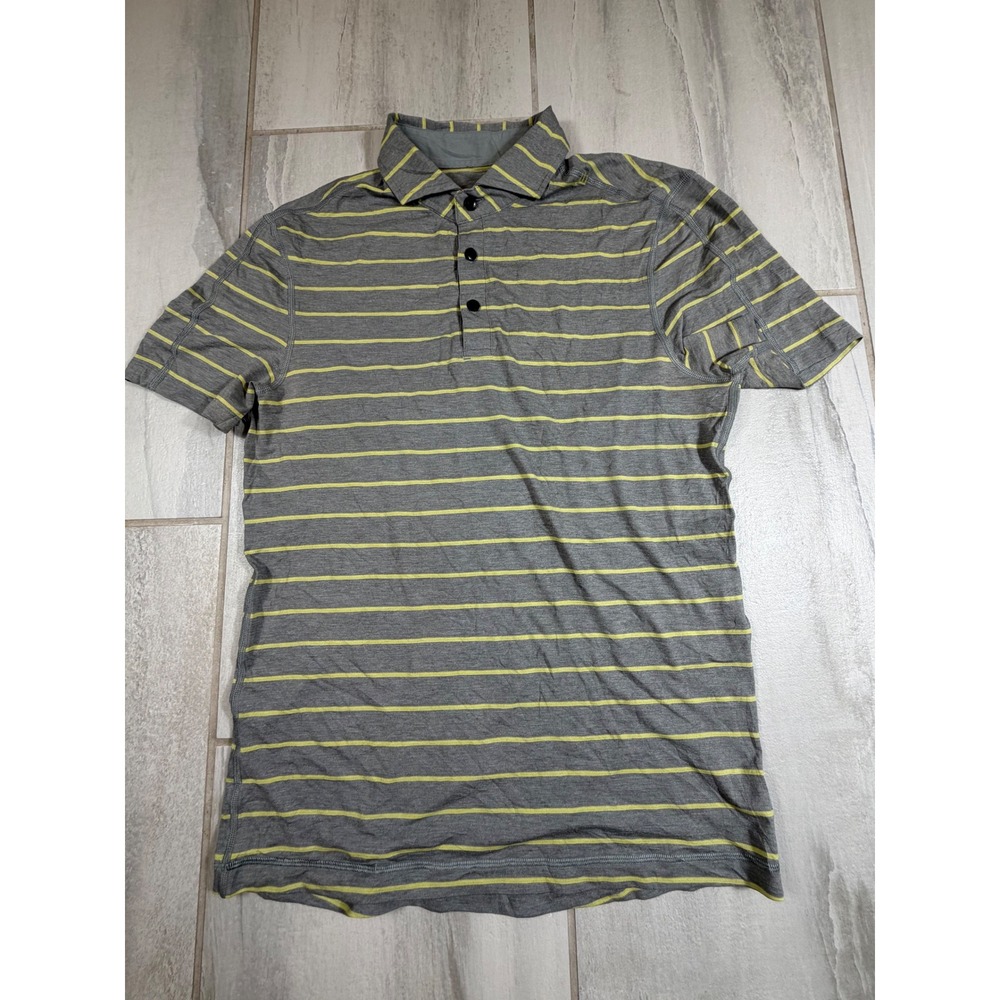 Lululemon Mens Striped Polo Shirt Grey Yellow Short Sleeve Activewear Size M
